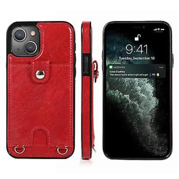Skyddande Skal för Iphone 13 Pro Max i PU-Läder + TPU med Kortslot & Snodd (Röd)