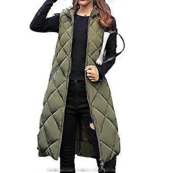 Dame Vintervest Vattert Glidelås Ermeløs Hette Ensfarget Hold Varm Tykk Midi Lengde Vinter Dunjakke for Daglig Bruk (3XL armygrønn)