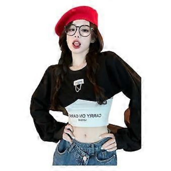 Hot Girl Jazz Dance Talje Kort Sweatshirt Bluse Todelt Sæt Dame Forår og Efterår Slim Stroptop Lagdelt Sæt (XXL Sort)