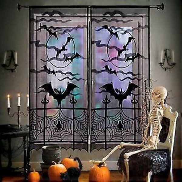 2 st halloween gardiner svarta fladdermus halloween spetsgardiner för halloween fönsterdekoration