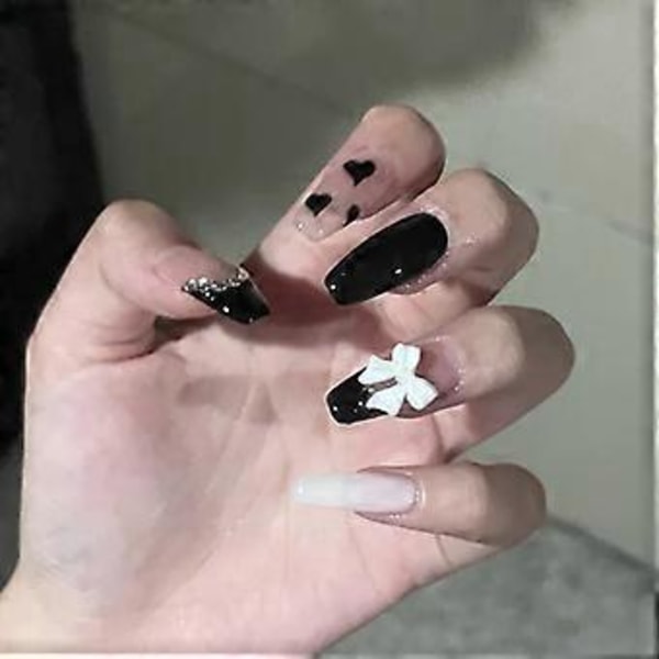 24 stk Perle Gele Kunstige Negl, Søt 3D Aurora Krystall Bjørn Hjerte Trykk på Negl Bling Blank Gradert Rosa Falsk Negl Kjærlighet Dating Fingertupper