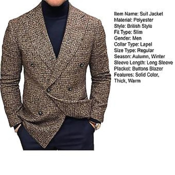 Miesten Slim Fit -takki, käännetty kaulus, yksivärinen, katutyyli, syksy-talvi, brittiläinen tyyli, napit, puku, takki, takki toimistoon (L ruskea)