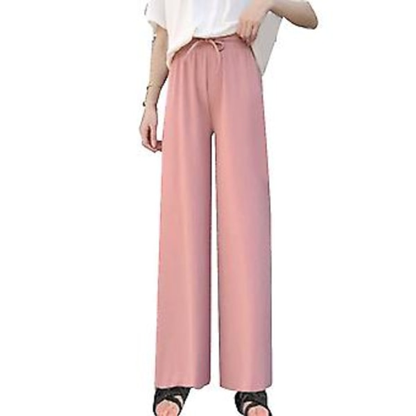 Women Ice Silks Wide Leg Pants Loose Elastic Waist Casual Summer Long Trousers-r (XXL Pink)