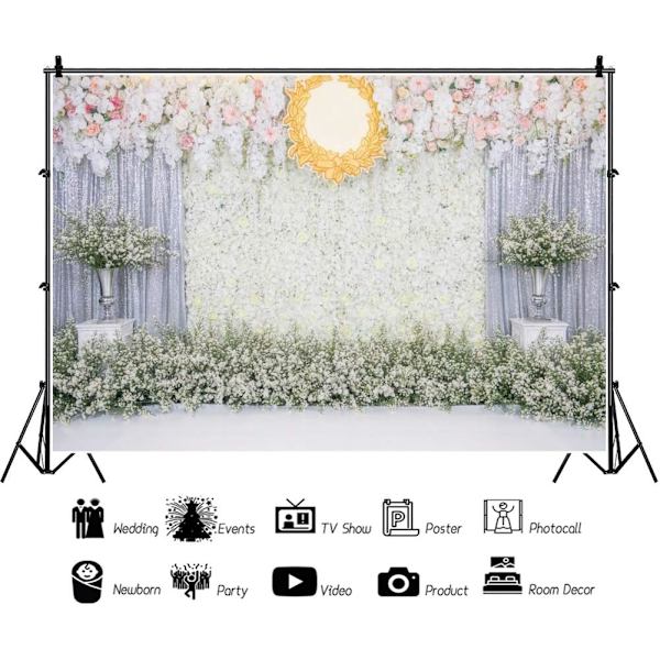 1x1,5m Bryllupsbaggrund Blomsterseng Hvide Rosa Blomster Baggrund