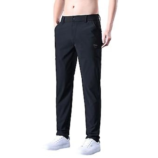 Män Byxor Elastisk Midja Slät Rak Färg Mjuk Andningsbar Snabbtorkande Fickor Midja Casual Daglig Långa Byxor (30 Svart)