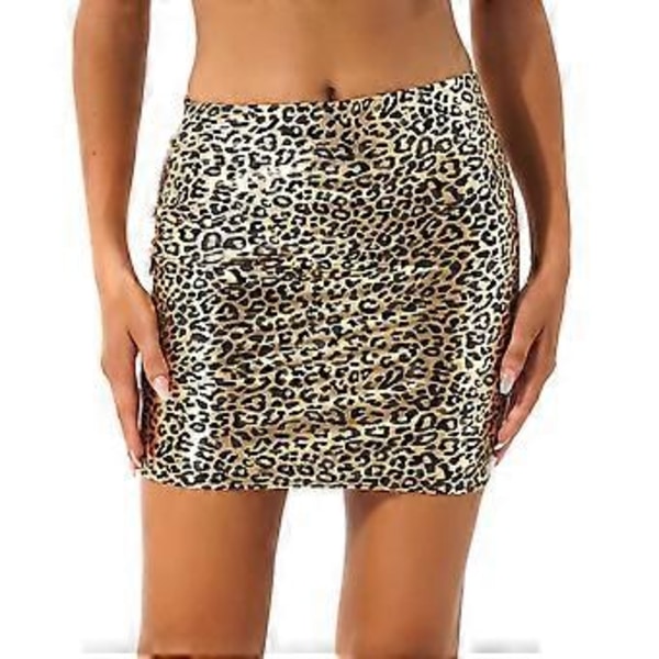 Sexiga glansiga lackminikjolar för damer, enfärgad pennkjol med elastisk midja, blank wetlook latexkjol klubbkläder (L leopard)