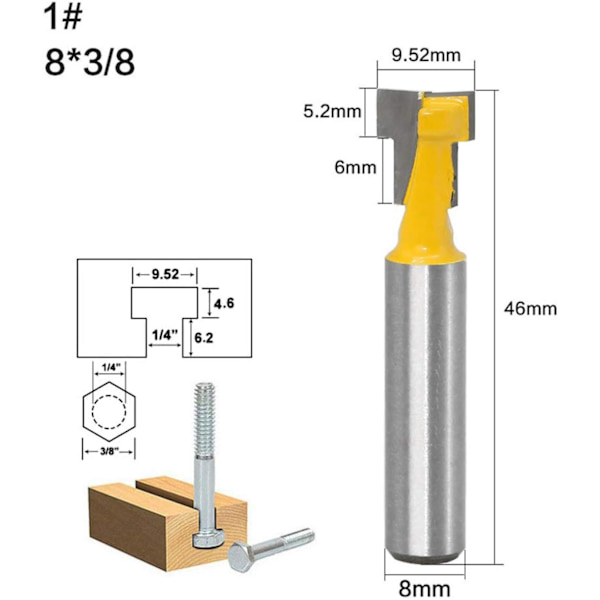 2 stk. 8mm skaft T-spor fræser bitsæt træskæring T-spor træbearbejdning T-spor fræser bits til 9,52mm a