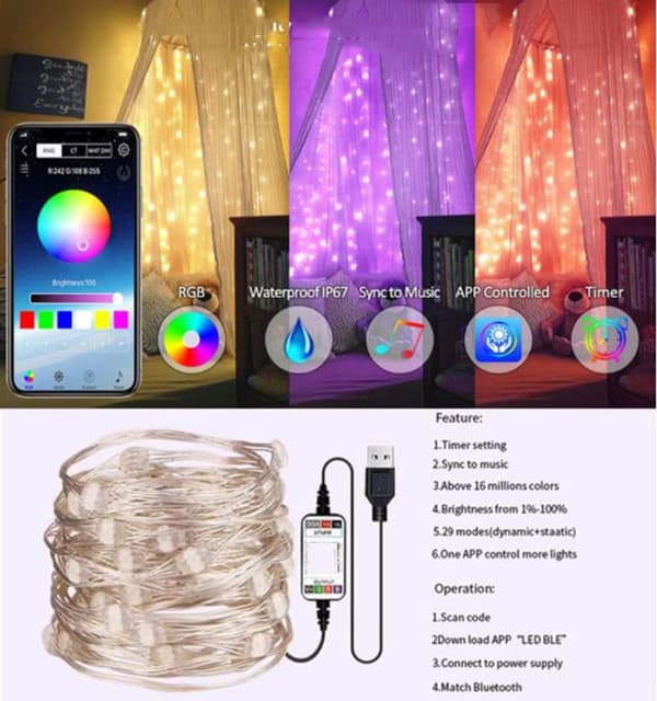 20m 200 lys USB Mobil Bluetooth LED Lys Kæde Ru