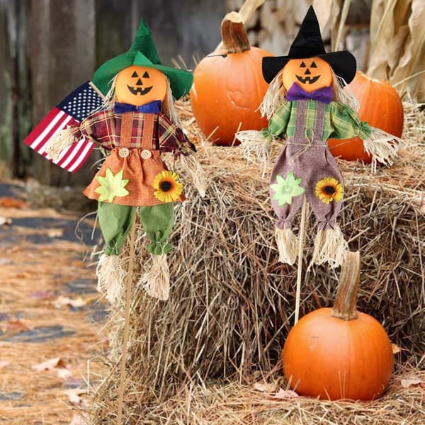 Efterårs høst Fugleskræm dekoration, sæt med 2 græskar Halloween dekorationer