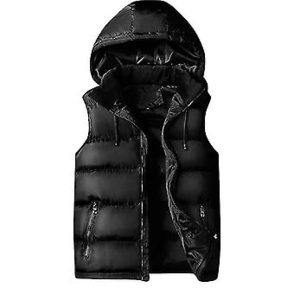 Mænds Vatteret Slank Pasform Ærmeløs Jakke Aftagelig Hætte Vest (3XL Sort)