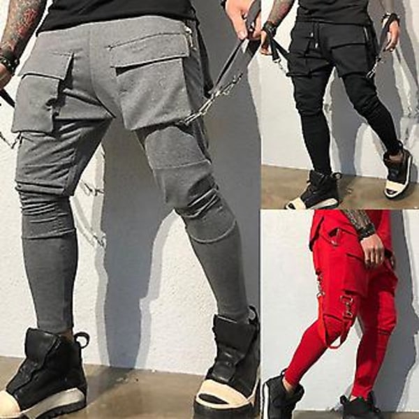 Elastisen vyötärön hihnallinen, monilla taskuilla varustetut cargo-housut miehille, yksivärinen, keski-istuva, rento hip hop -tyyli, katutyyli (2XL punainen)
