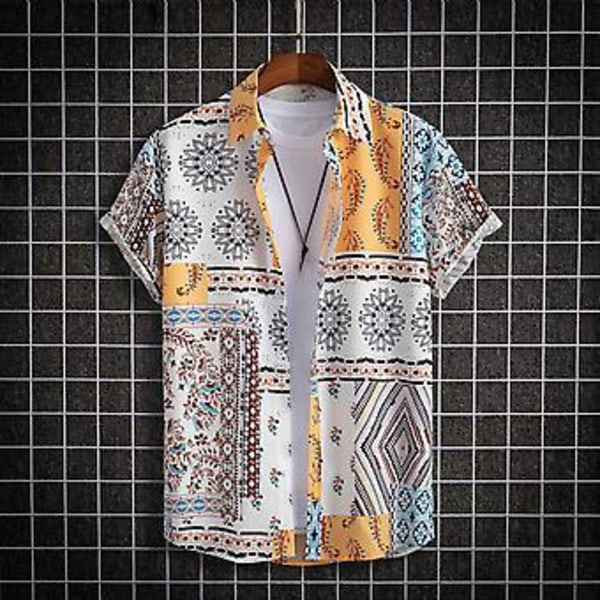 Mænds Sommer Strandskjorte Farverig Print Korte Ærmer Enkeltbrystet Cardigan Løstsiddende Midtlang Vendbar Krave Mænds Top (XL Lysegul)