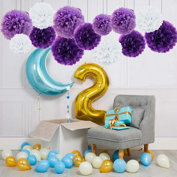 18 kappaletta (violetti, laventeli ja valkoinen) violetteja tupsuja, silkkipaperia