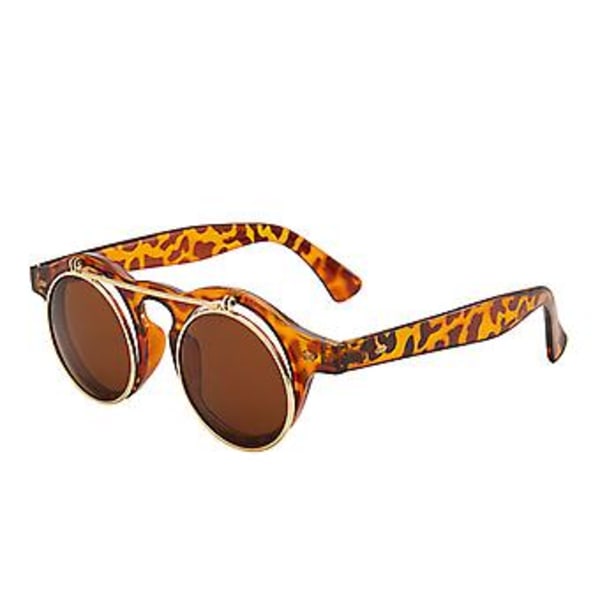 Flip Up Linse Steampunk Runde Solbriller Shades Retro Stel Klare Herre Dame Guld (Leopard/Tawny Linse)