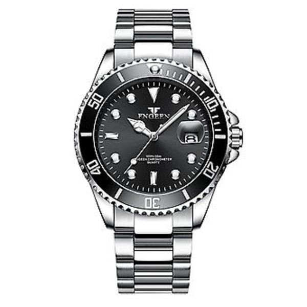 Vanntett Herreklokke Klassisk Rustfritt Stål Quartz Business Lysende Armbånd (Svart)