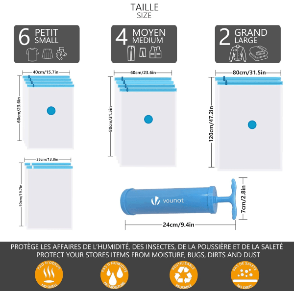 Vakuumopbevaringsposer + Vakuumpumpe Sæt med 12 Vakuumkompressionsposer