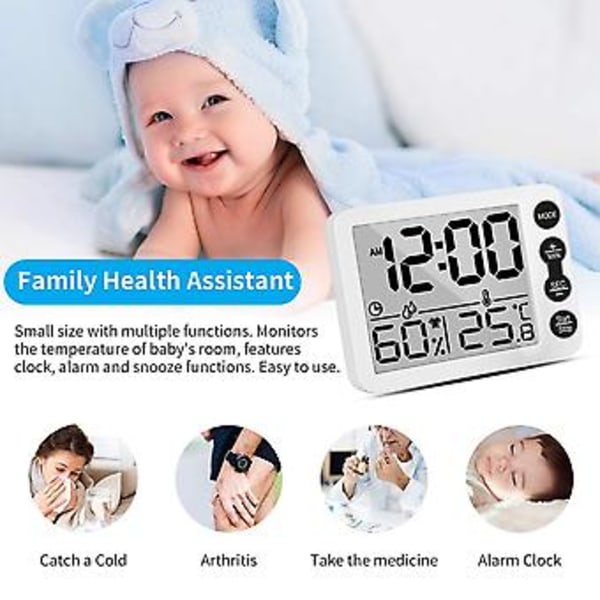 Hygrometer och digital rumstermometer för inomhusbruk med väckarklocka, för hem, kontor (Svart)