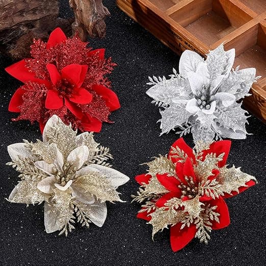 24 stk Glitter Julstjerne Blomster Kunstige Julestjerner