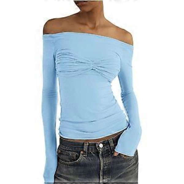 Kvinners Langærmet Skjorte Basic Crop Top Mote 2024 Base Layer Stretchy Slim Fitted Y2K Topper Mesh Sheer T-skjorte (blå, XL)
