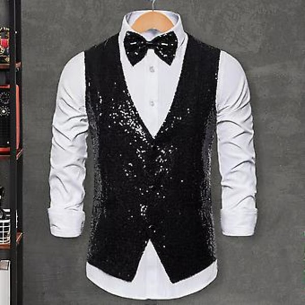 Väst för män, scenframträdande, konferencier, glittrande paljetter, slim fit, V-ringad, ärmlös, enkelknäppt, med rosett (L svart)