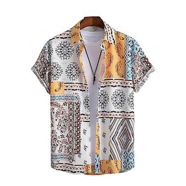 Herrsommarstrandskjorta Färgstark Tryckt Kortärmad Enkelknäppt Cardigan Lös Medellång Nedåtvänd Krage Herrtopp (2XL Vit Blå)
