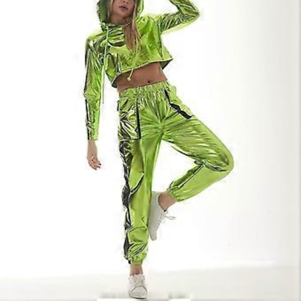 Rave-outfit för damer, glänsande crop top-hoodie, metalliska avslappnade långbyxor, huvtröja, träningssweatshirt, discodanskläder (Medium Ljusgrön)