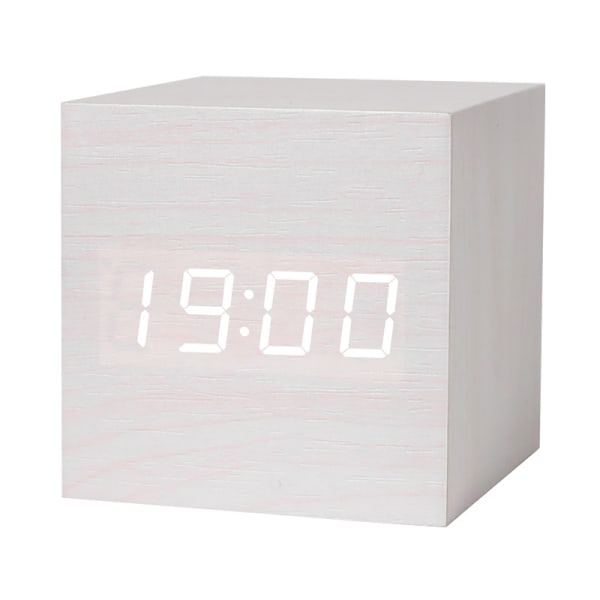 Digital vekkerklokke i tre med LED-lys, multifunksjonell, moderne kube