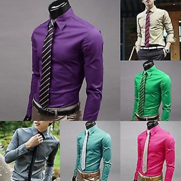 Fianao Fashion Herrar Solid Färg Långärmad Knappar Ner Skjorta Slank Formell Business Topp (XXXXL Ros Röd)