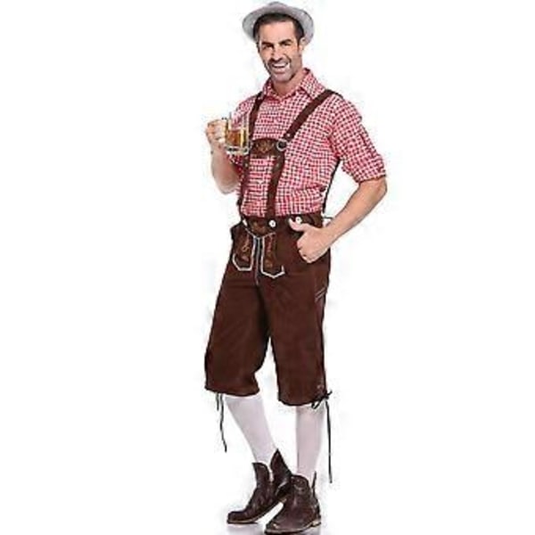 Saksalainen perinteinen miesten Oktoberfest-asu ruutupaita brodeeratut olkaimet puku (M punainen paita ja ruskeat haalarit)