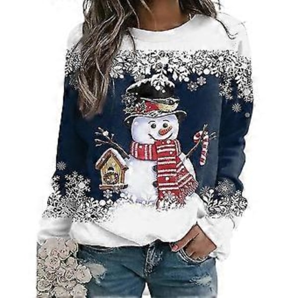 Dame Jul Snemand Snefnug Printet T-shirt Langærmet Rund Hals Toppe Jule Pullover Sweatshirt -NMAOV(L A)