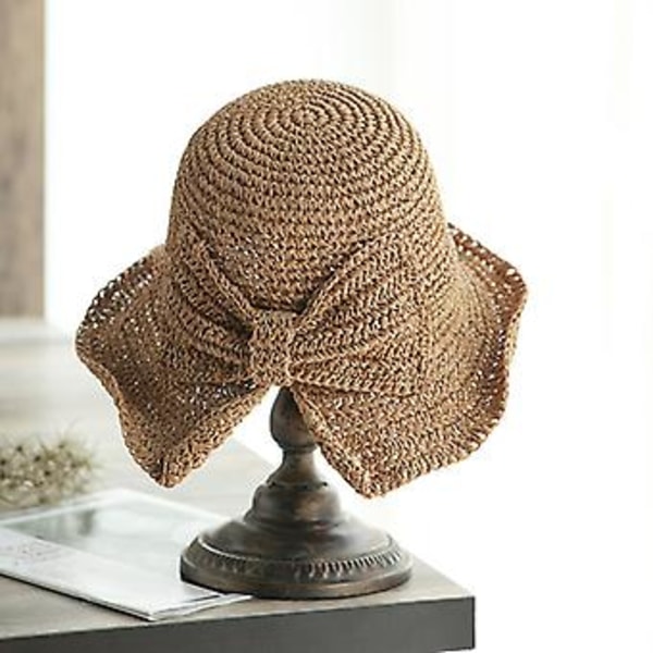 Dame Vintage Mode Foldbar Strå Bucket Hat Flet Sommer Strand Solhat Sløjfe (Lys Kaffe)