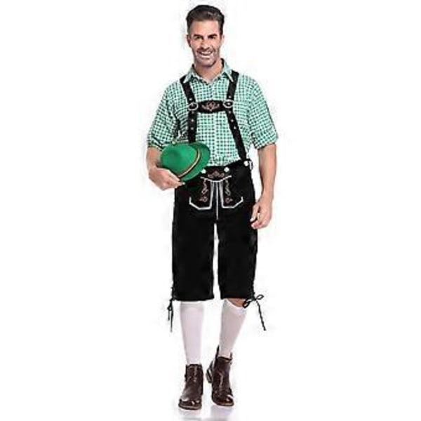 Tysk traditionel herre Oktoberfest-beklædning ternet skjorte broderede seler dragt (M grøn skjorte og sorte overalls)