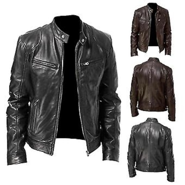 Herrar Slim Fit PU Läder Personlig Dragkedja Jacka (XL Svart)