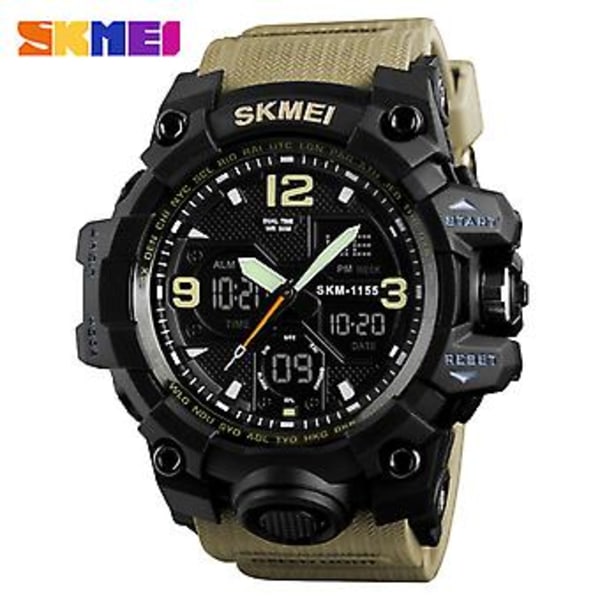 Mode Sport Dubbel Display Studenter Herrklocka Digital Vattentät Armbandsur (Khaki)
