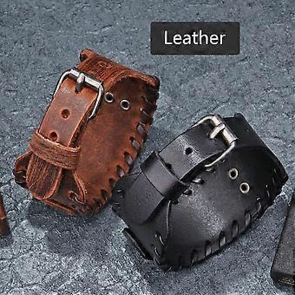 Retro Brett Metall Läderarmband för Män Punk Brett Manschettarmband Rock(varg huvud,silver)(STORLEK 1 )