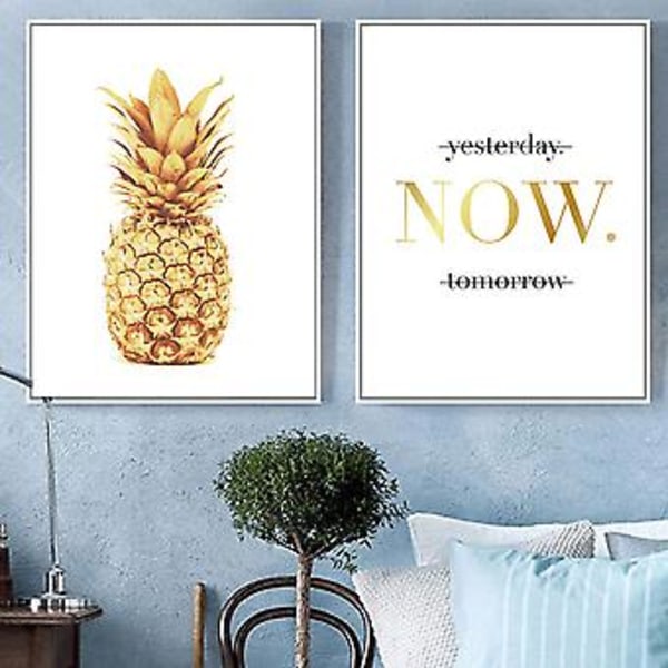 Wekity Gyllene Ananas och Text Väggkonst Canvas Print Poster, Enkel Modekonst Ritning Dekoration för Hem Vardagsrum Sovrum Kontor och Barnrum