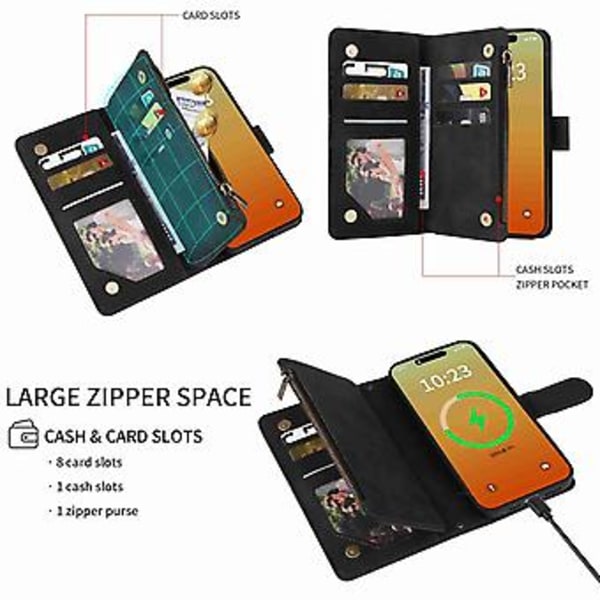 Tegnebog Lynlås Læder Telefon Etui Til iPhone 15 Pro Max (Sort)