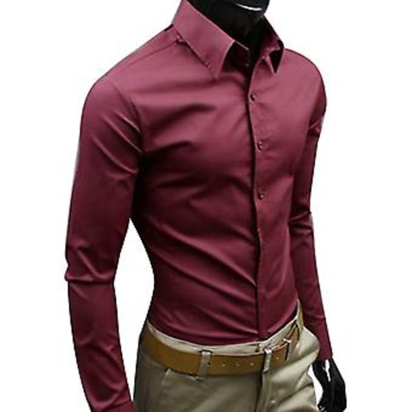 Fianao Herrskjorta med Knappar, Anti-rynka, Luktfri, Långärmad, Knappar (XXXL Vinröd)