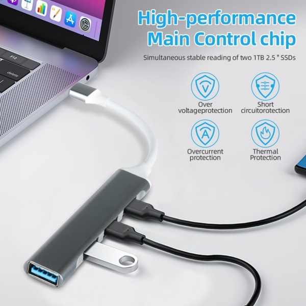 4-porters USB 3.0-hub, ultratynn USB-datahub, USB 3.0-utvidelse med høy hastighet