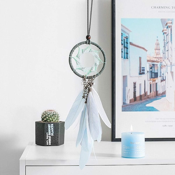 Drömfångare Handemade Dreamcatcher Grå Fjäder Väggdekoration Eller