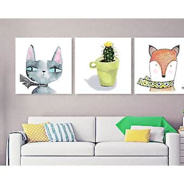 Wekity Ræv og Kat Væghængt Canvas Print Poster, Simpel Sød Akvarel Kunsttegning Dekoration til Hjemmet Stue Soveværelse Kontor og Børneværelse (Sæt