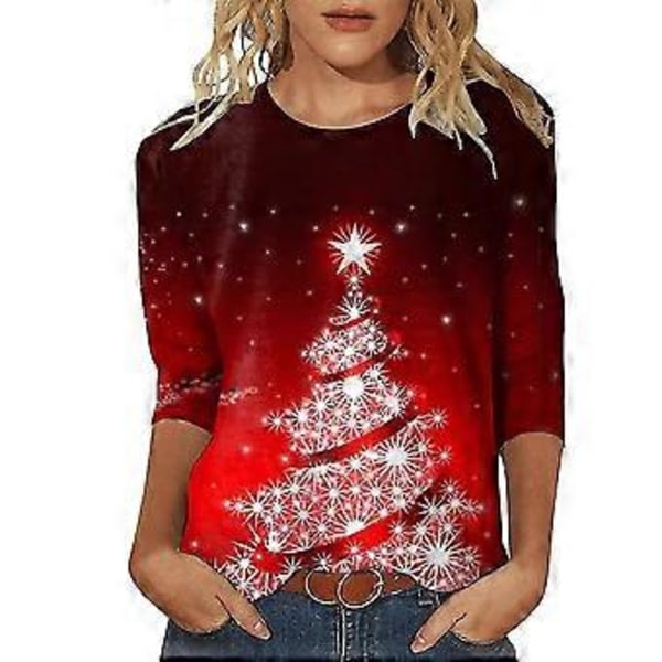 Dame Julemotiv Trykt T-skjorte Trekvart Erme Tee Rund Hals Jul Uformell Bluse Topper(M C)