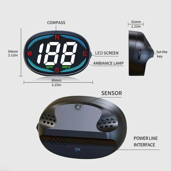 Auto HUD Head Up Display - Värikäs näyttö - Nopeusmittari KM/H MPH kompassilla ja nopeusvaroituksella -