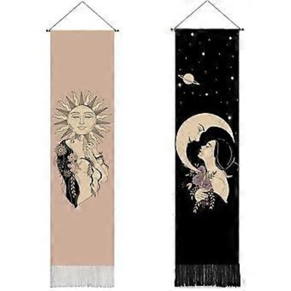 2 stk. Boho Dekor Sol og Måne Vægtæppe til Soveværelse, Æstetisk (32,5 x 135 cm) Sort Bomuldslinned Vægtæppe til Stue