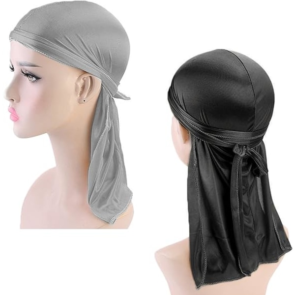 2 PCS Black Silver Silky Durag Unisex Beanie Hat Durag for Men Wo