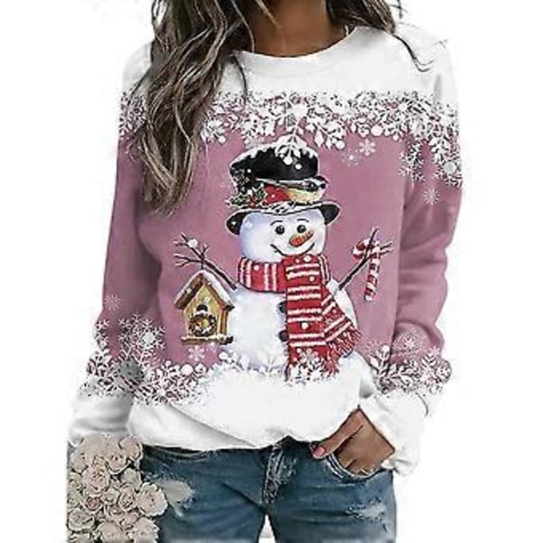 Dame Jule Sweatshirt Snemand Snefnug Print Langærmet T-shirt Rund Hals Jule Pullover Top Bluse (L C)