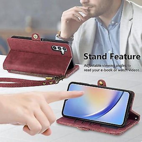 Geometriskt blixtlåsfodral med sidospänne i läder för Samsung Galaxy A34 5g (rosa) (röd)