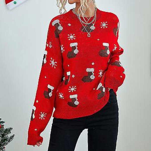 Julkläder för kvinnor, jultröja med strumpor och hattmönster, varm stickad tröja ( )