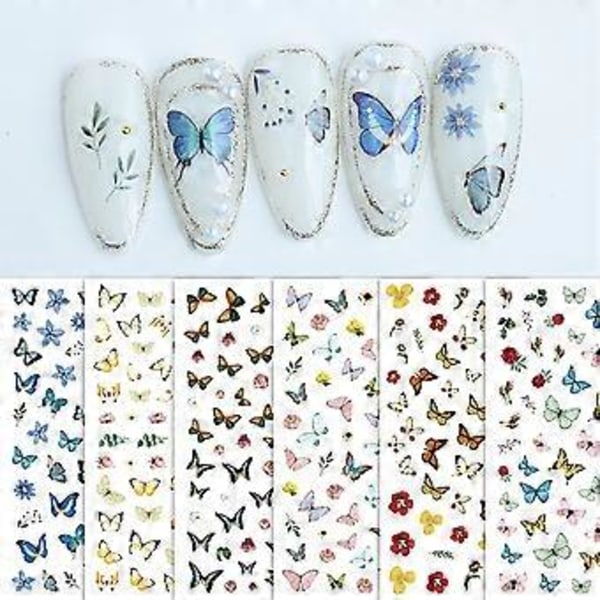 6 Ark Butterfly Neglekunst Stickers Dekaler 3D Selvklæbende Negle Stickers Farverige Negle Stickers til Neglekunst Blomst Negle Stickers Negle Stickers til W