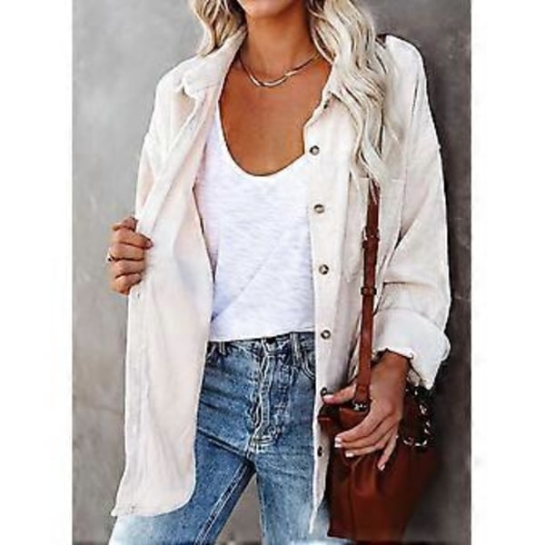 Dam Corduroy Skjortjacka med Knappar Boyfriend Långärmad Oversized Blusar Toppar Casual Kragjacka